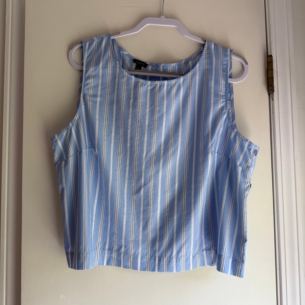 Talbots Womens XL Blue White Striped Cotton Sleeveless Side Button Shell Top NWT